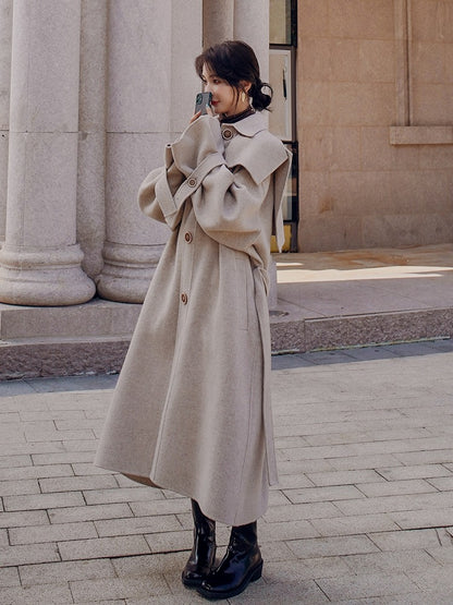 Mid-Length Loose Hepburn Style Woolen Women's Coat - Harmony Gallery