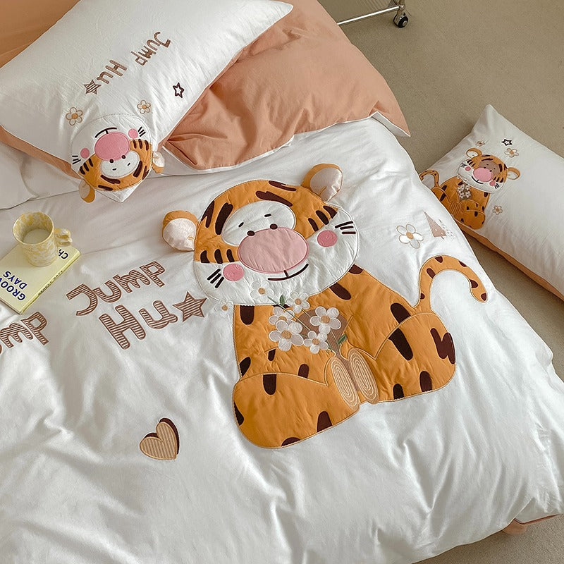 Cute Cartoon Happy Tigger Washed Cotton Four-Piece Bed Set
