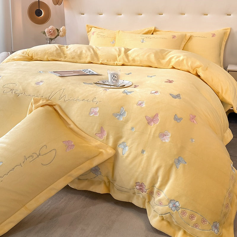 Four-Piece Warm Velvet Embroidery Plush Winter Bed Set
