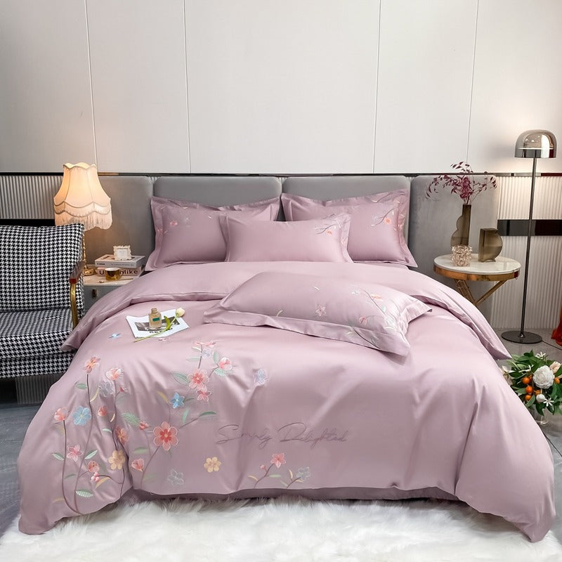 Spring & Summer Four-Piece Light Luxury Flower Embroidery Bed Set