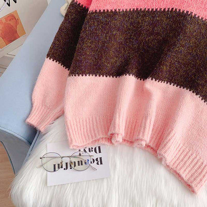 Mohair Contrast Color Loose Outer Wear Gentle Women's Sweater - Harmony Gallery