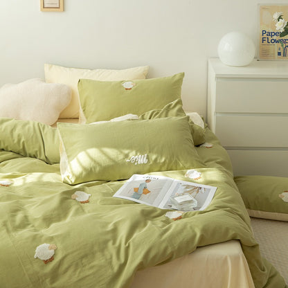 Cute Cartoon Green Sheep Washed Cotton Four-Piece Bed Set - Harmony Gallery
