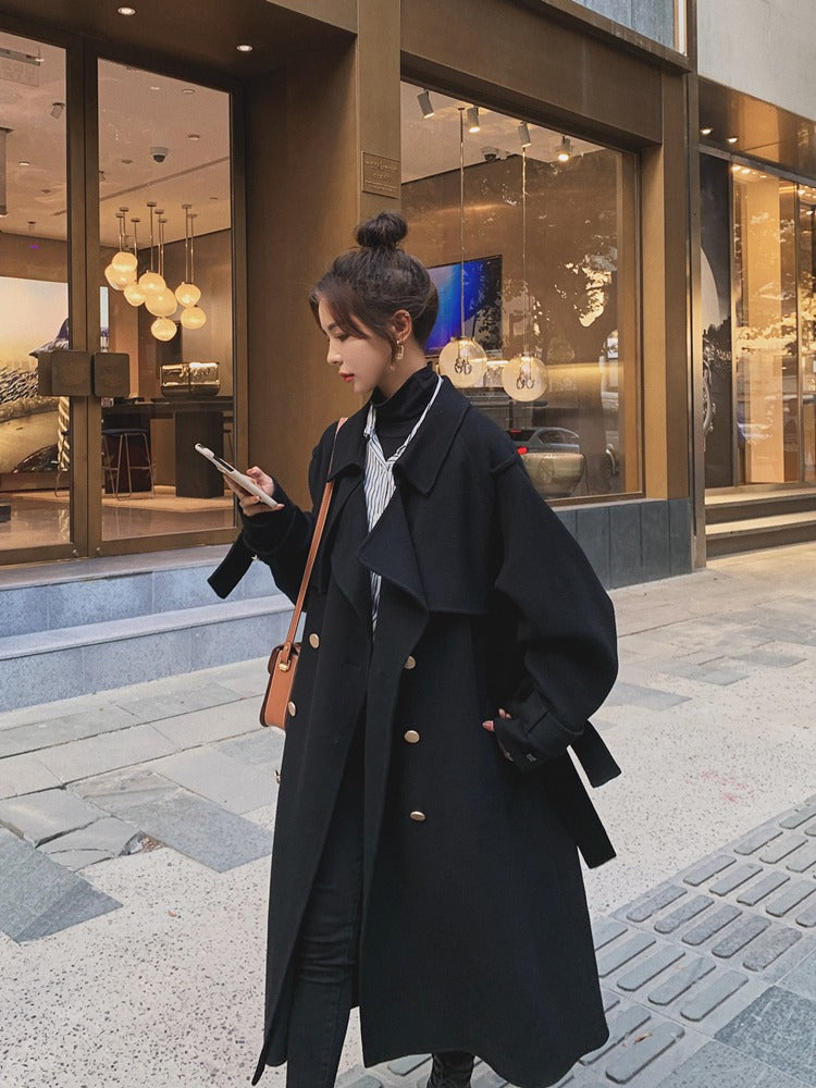 Black Mid-Length Hepburn Style Woolen Women's Coat - Harmony Gallery