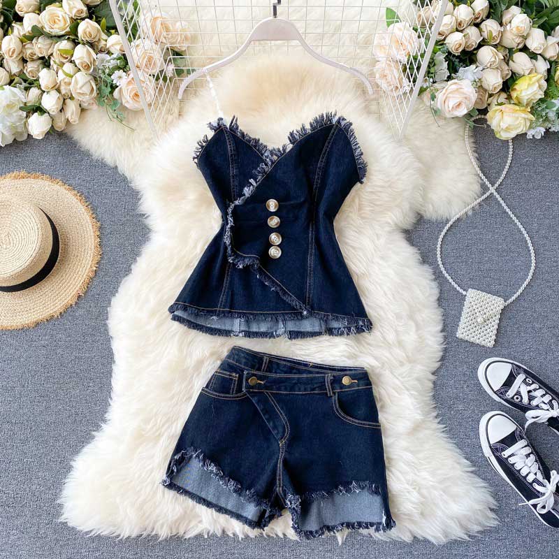 Scheming Pleated Fringed Two Piece Denim Women's Suit