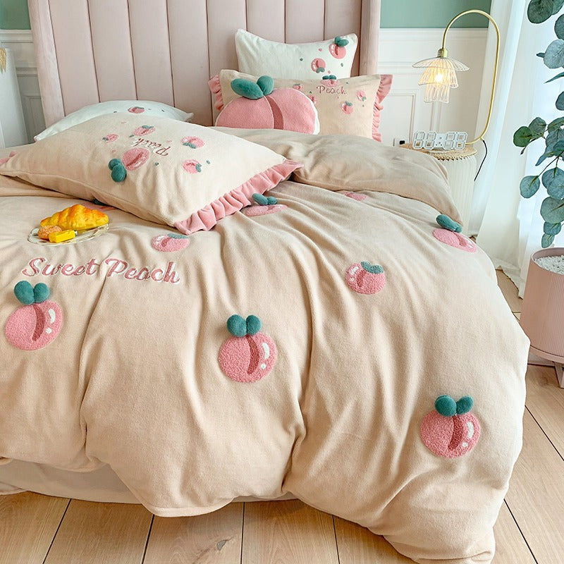 Peach Girl Velvet Four-Piece Double-Sided Coral Flannel Bed Set - Harmony Gallery