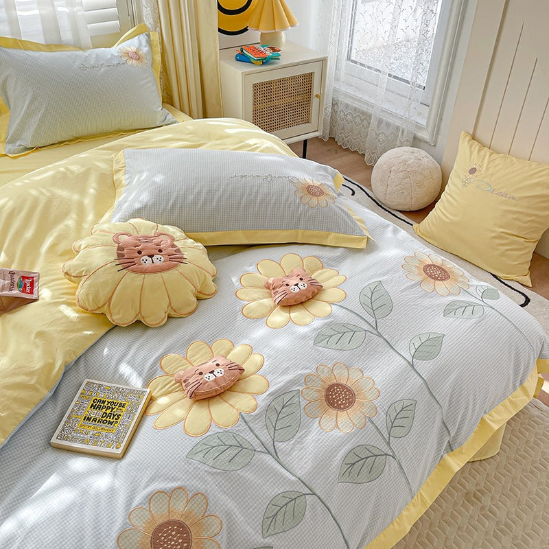 Fresh Sunflower Washed Cotton Four-Piece Cartoon Bed Set