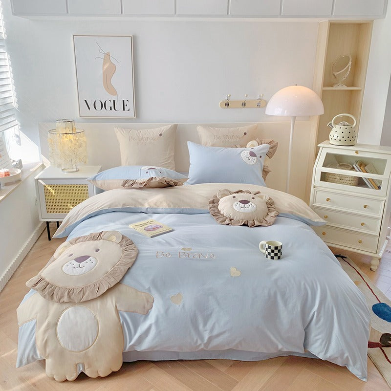 Little Lion Cartoon Washed Cotton Five-Piece Bed Set - Harmony Gallery