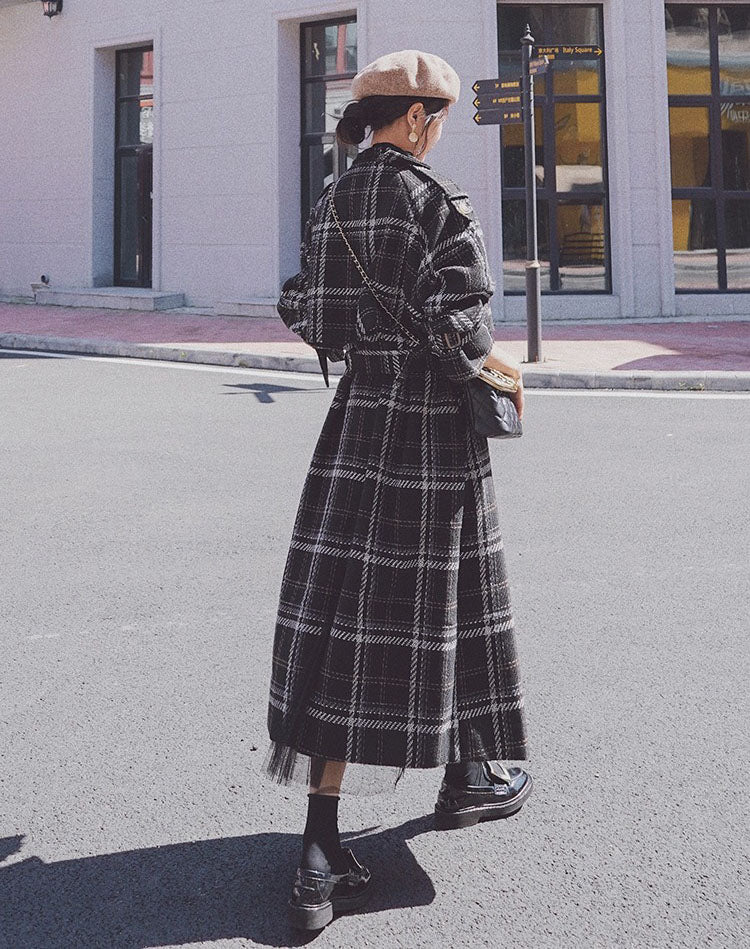 Karierter lockerer Wollmantel im Hepburn-Stil für Damen Harmony