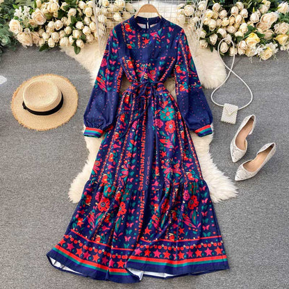Palace Style Stand Collar Long Retro Printed Women's Dress