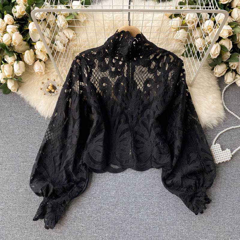 Hollow Lace-Up Temperament Stand-Up Collar Slim Women's Top