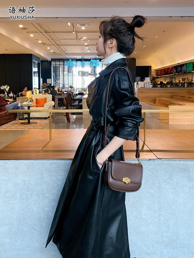 Black PU Leather Mid-Length Fashion Women's Jacket