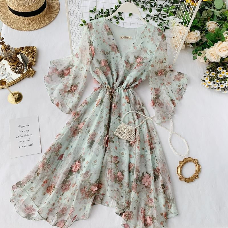 Seaside Holiday Summer Fairy Lace Floral Chiffon Women's Dress - Harmony Gallery
