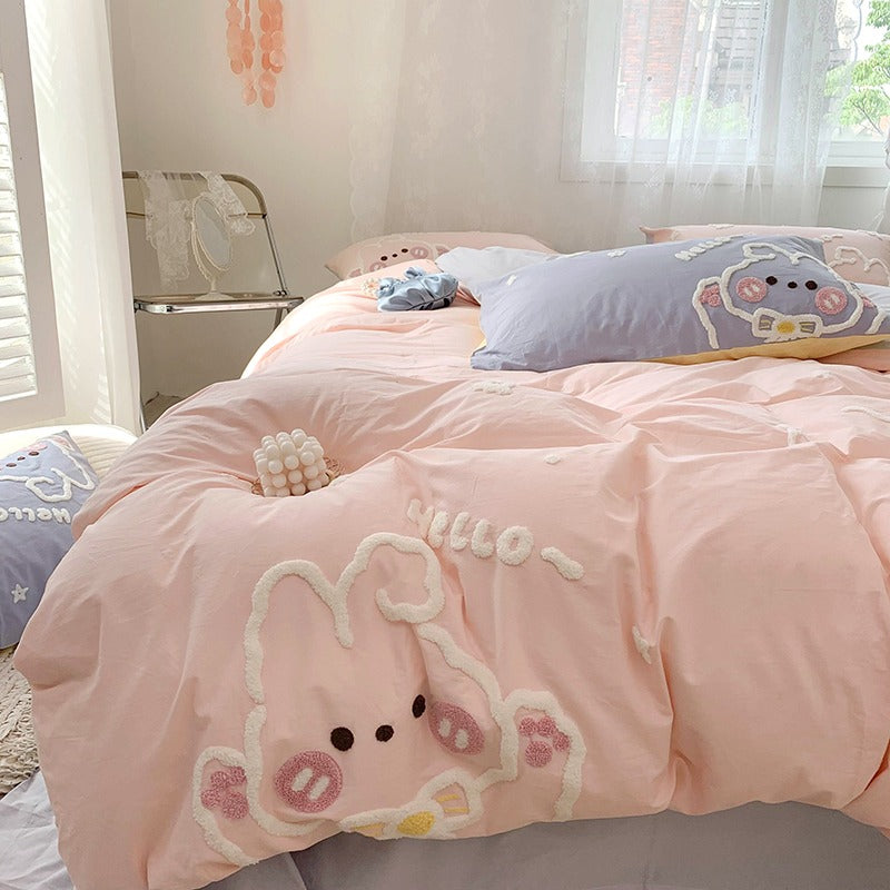 Cute Bunny Cotton Washed Cotton Four-Piece Cartoon Bed Set