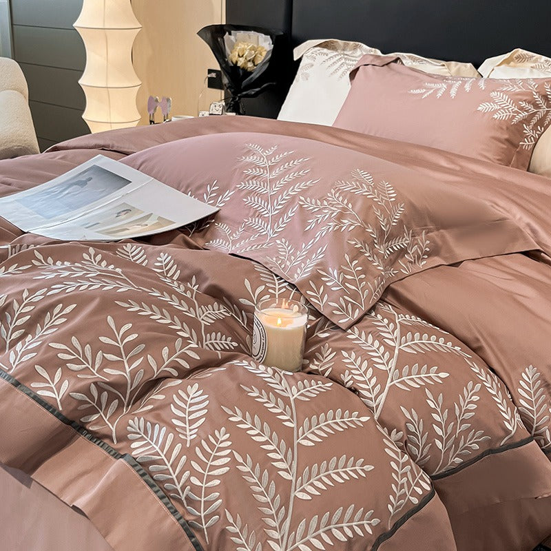 Long-Staple Embroidery Four-Piece Wide-Edged Solid Color Bed Set