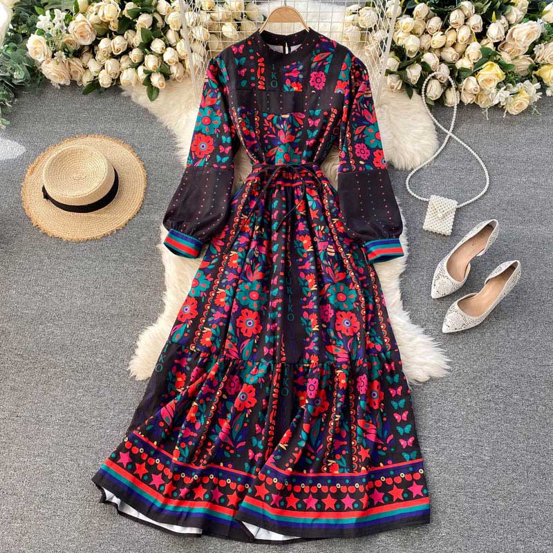 Palace Style Stand Collar Long Retro Printed Women's Dress
