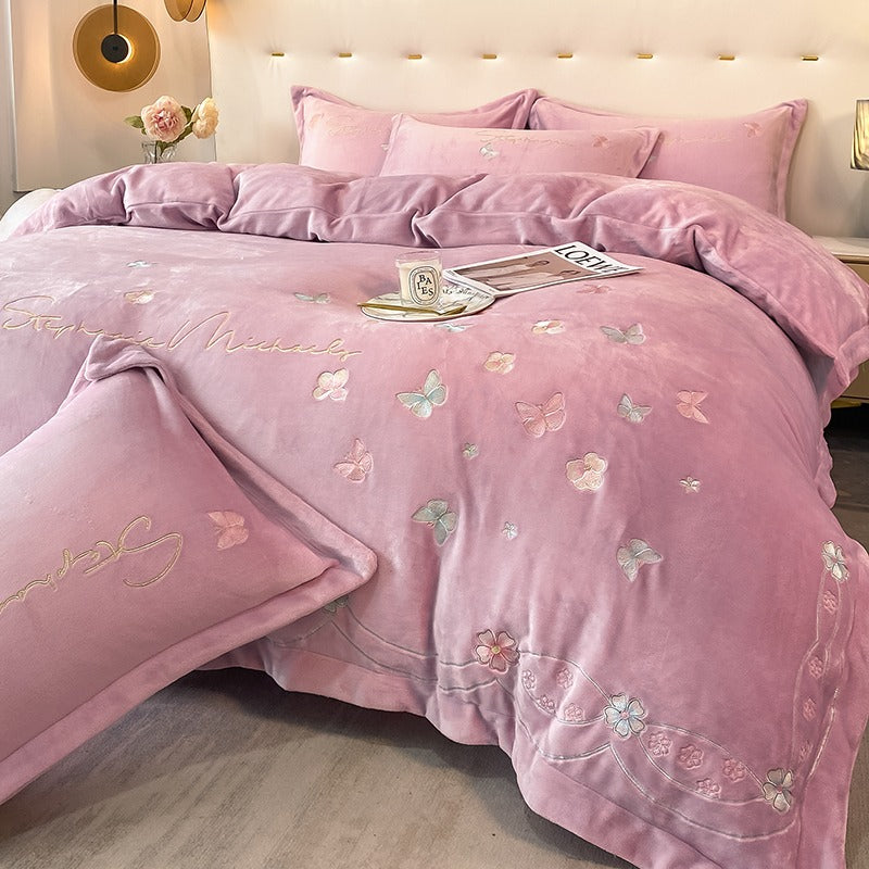 Four-Piece Warm Velvet Embroidery Plush Winter Bed Set - Harmony Gallery