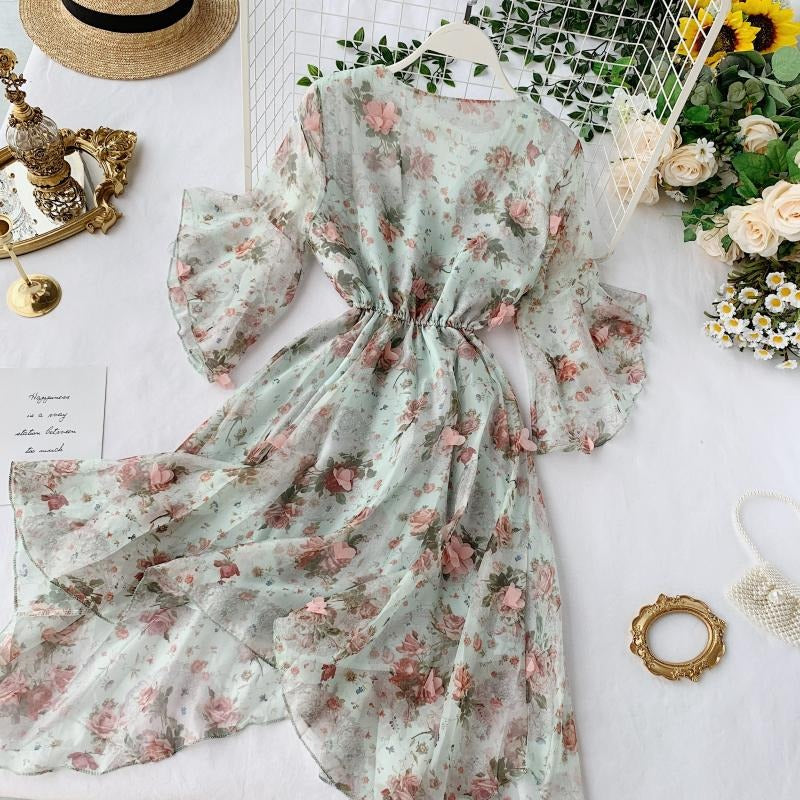 Seaside Holiday Summer Fairy Lace Floral Chiffon Women's Dress