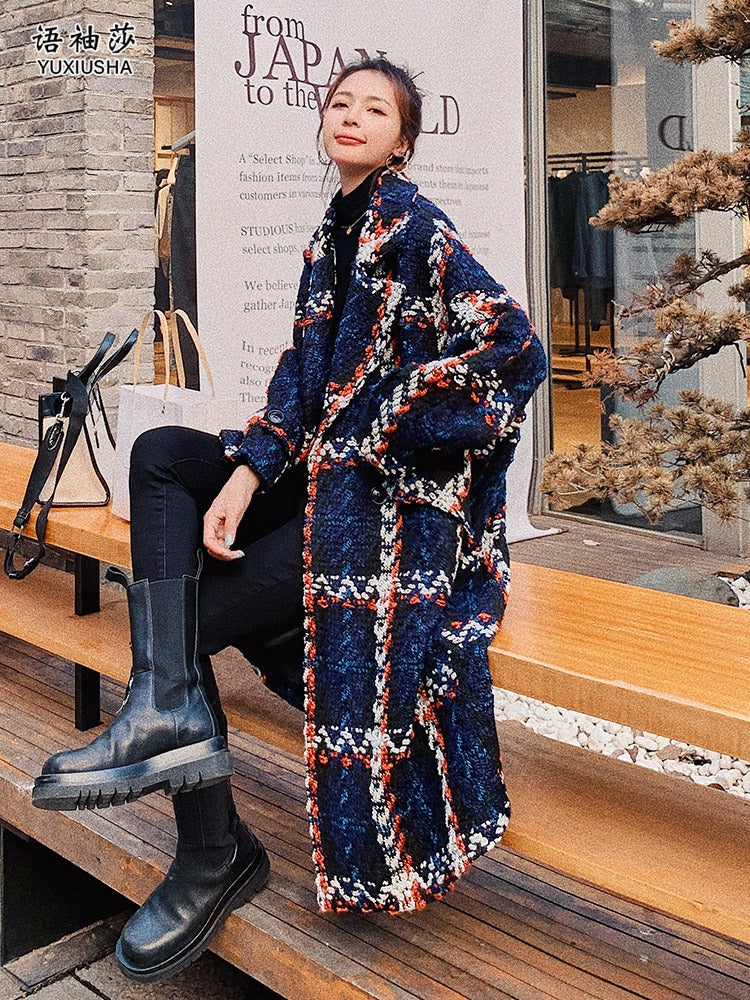 Loose plaid Tweed Woolen Mid-Length Women's Coat - Harmony Gallery