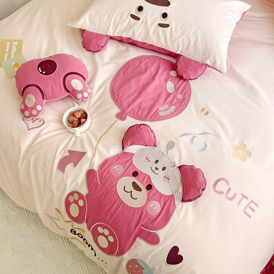 Cute Hot Air Balloon Strawberry Bear Cotton Four-Piece Bed Set - Harmony Gallery