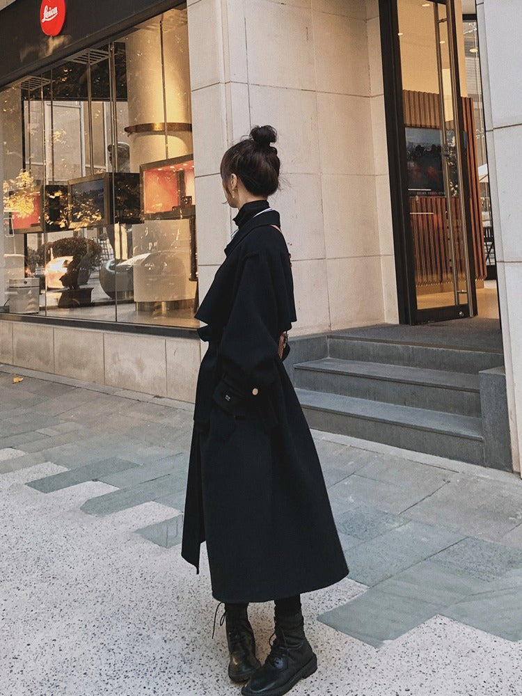 Black Mid-Length Hepburn Style Woolen Women's Coat