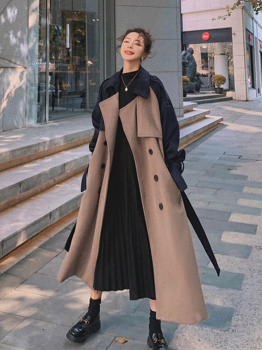Contrast Color Winter Mid-Length Woolen Women's Coat