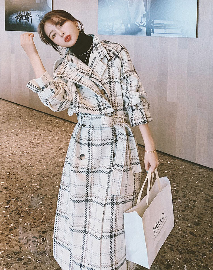 Plaid Loose Hepburn Style Woolen Women's Coat - Harmony Gallery