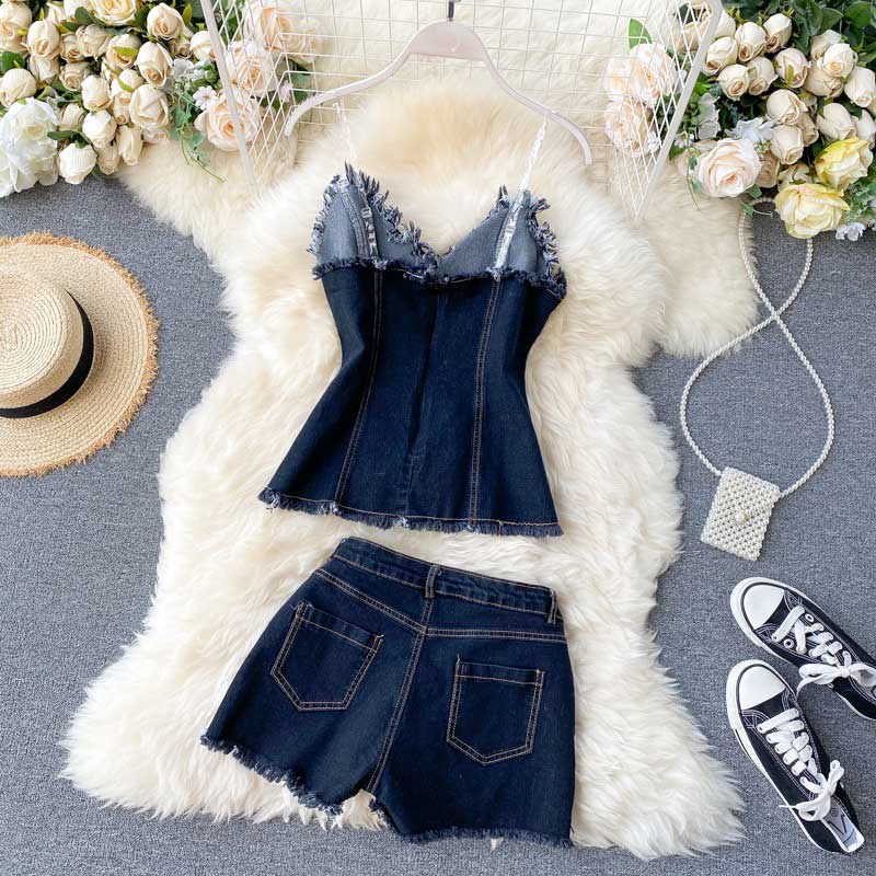 Scheming Pleated Fringed Two Piece Denim Women's Suit - Harmony Gallery
