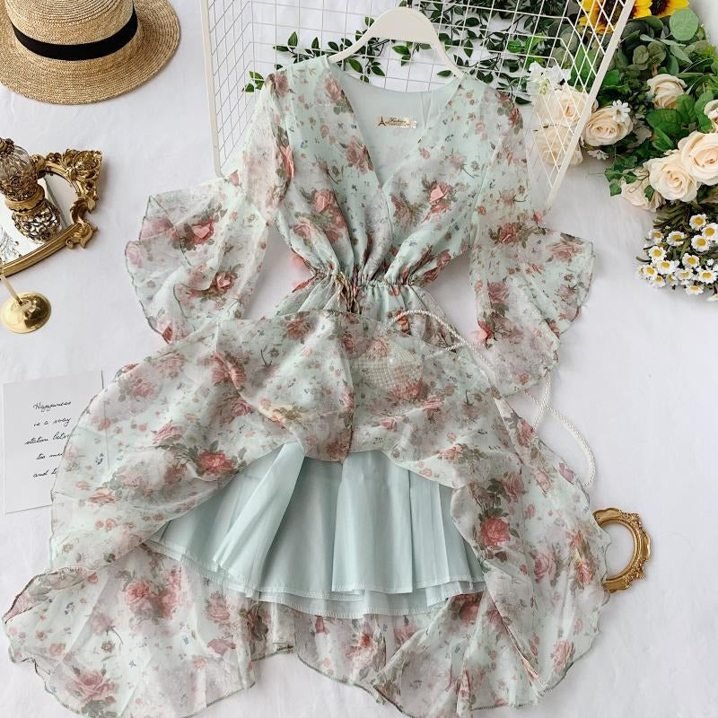 Seaside Holiday Summer Fairy Lace Floral Chiffon Women's Dress - Harmony Gallery