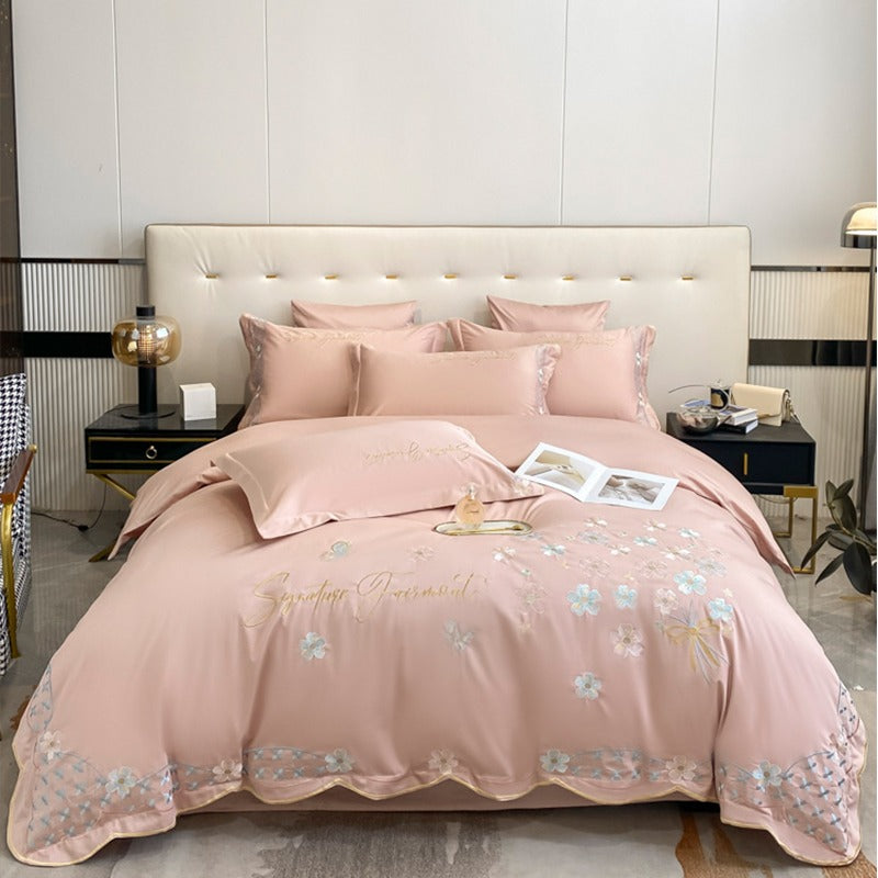 Summer Washed Ice Silk Embroidery Four-Piece Bed Set - Harmony Gallery