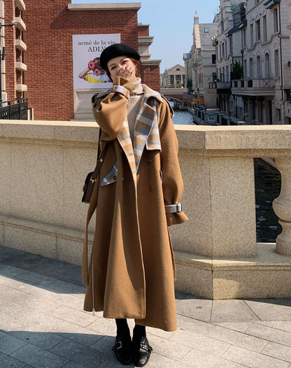 Contrast Plaid Over The Knee Woolen Women's Coat