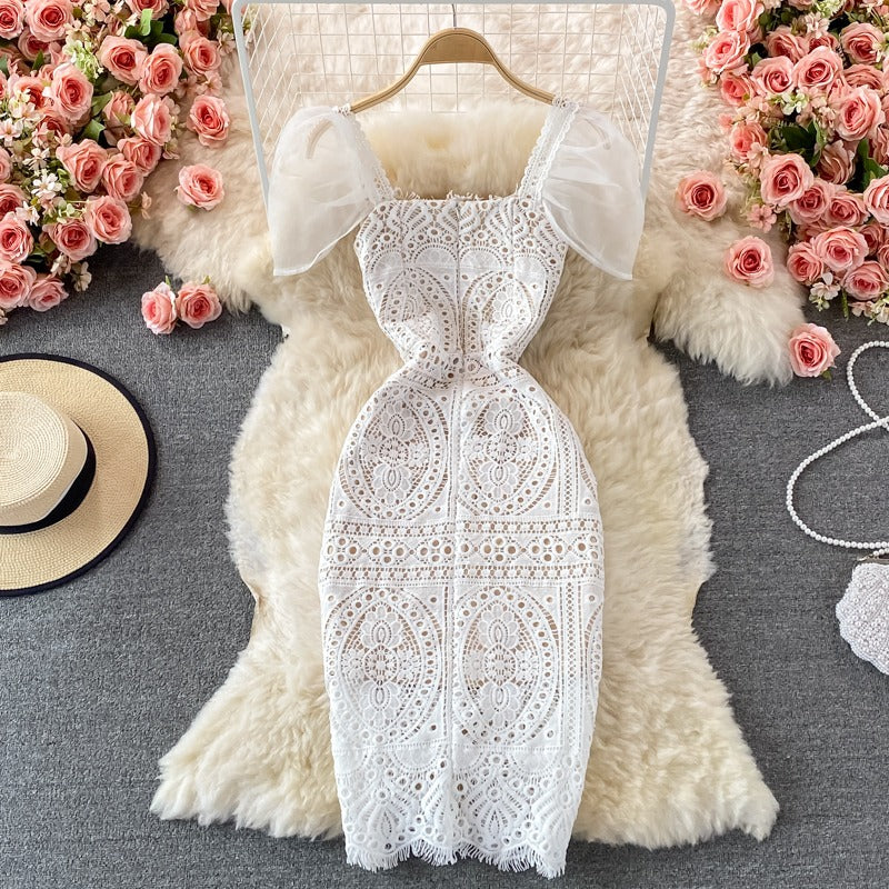 Square Neck Puff Sleeves Slim High-End Lace Women's Dress - Harmony Gallery