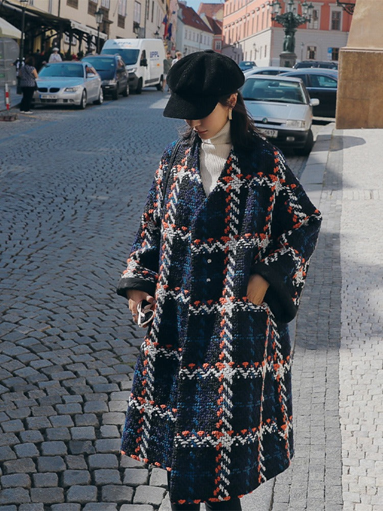 Coarse Plaid Woolen Mid-Length Loose Women's Coat
