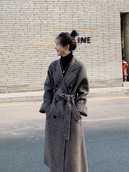 Light Mature Style Plaid Mid-Length Woolen Women's Coat - Harmony Gallery