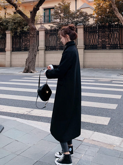 British Style Mid-Length Woolen Black Women's Coat