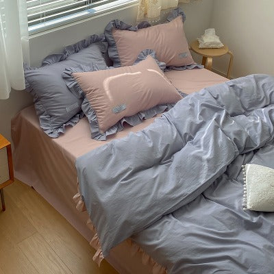 Cream Contrast Color Washed Cotton Four-Piece Bed Set