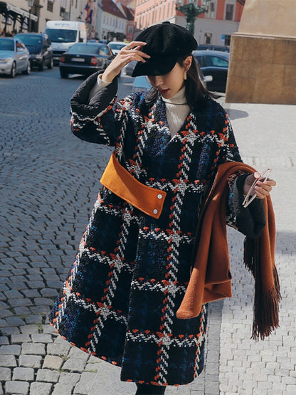 Coarse Plaid Woolen Mid-Length Loose Women's Coat