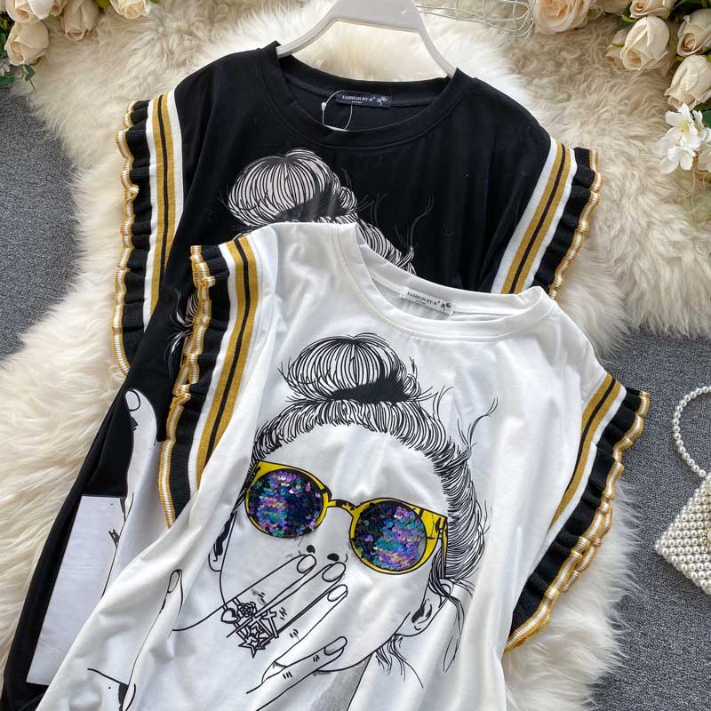 Ghost Horse Girl Character Print Sequined Glasses Summer Top - Harmony Gallery