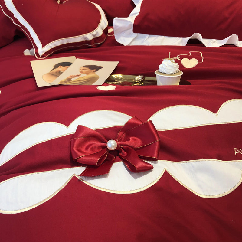 Cotton Heart Embroidery Five-Piece Wedding Bow Ruffle Bed Set