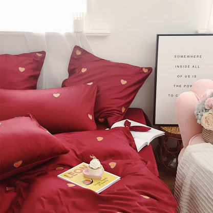 Staple Cotton Wedding Love Embroidery Four Piece Bed Set