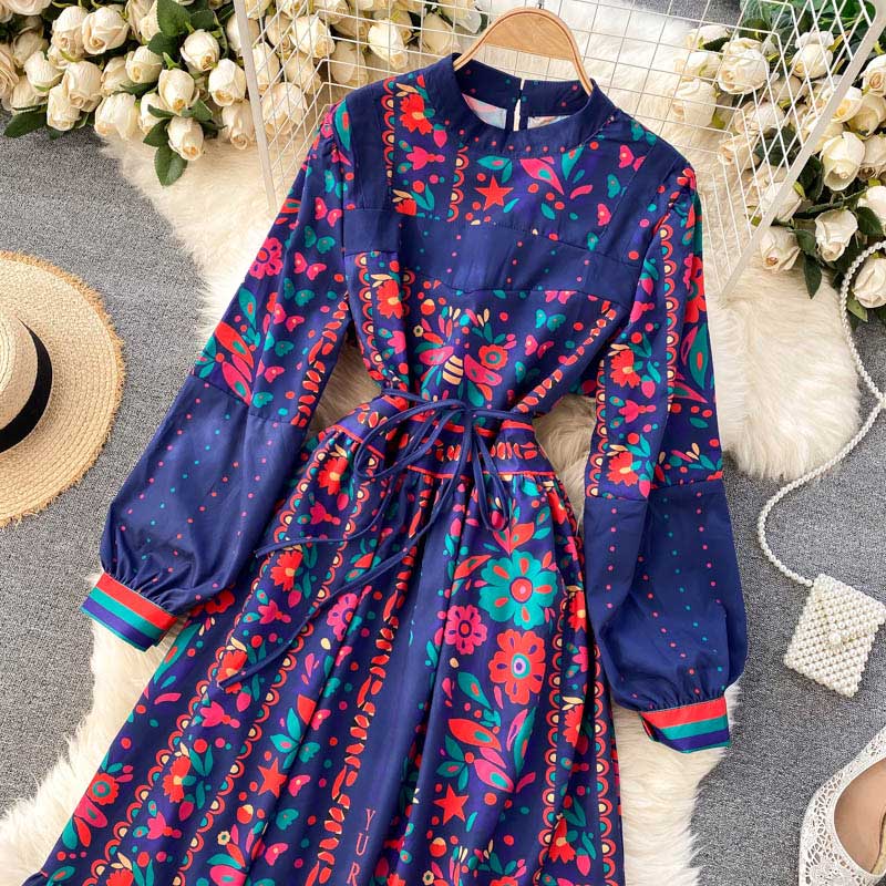 Palace Style Stand Collar Long Retro Printed Women's Dress - Harmony Gallery