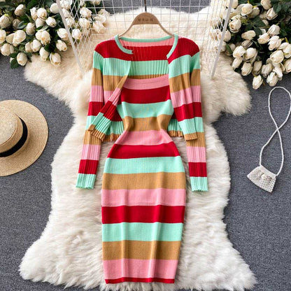 Color Matching Striped All Match Cardigan Women's Suit