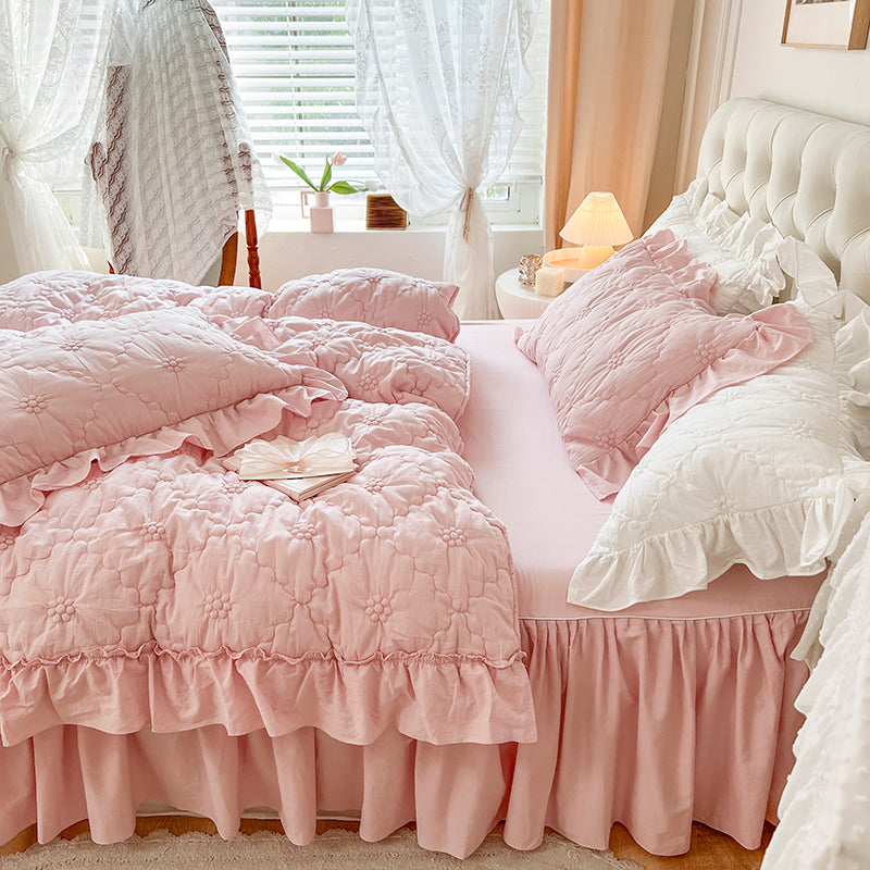 Pink Floral Duvet Cover Set Ruffle, French Bedding, Aesthetic