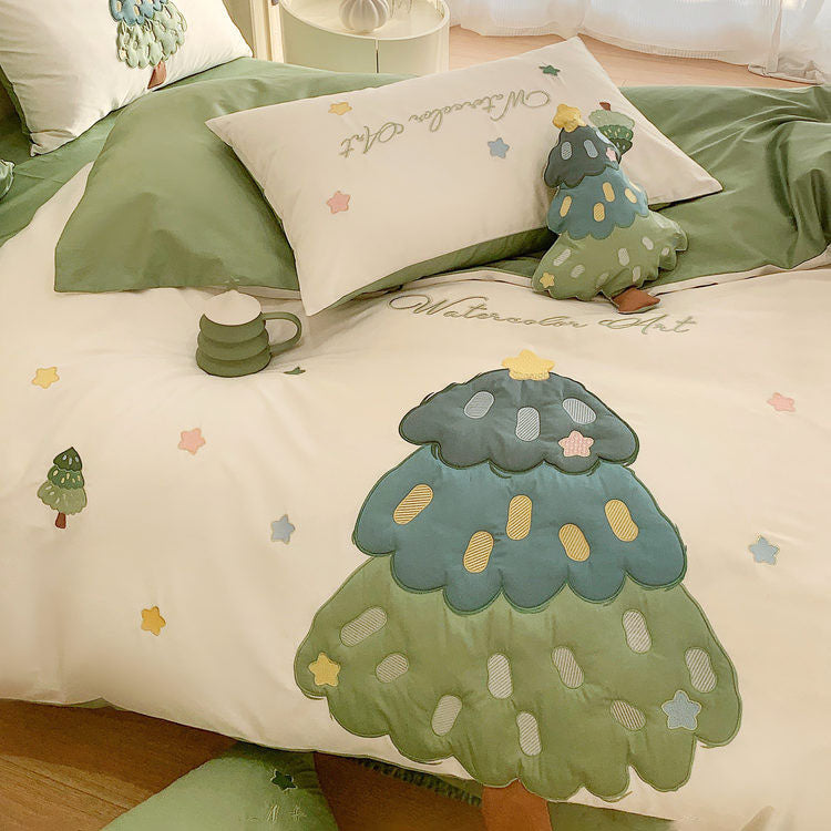 Tree & Stars Embroidery Seven-Piece Soft Cotton Bed Set - Harmony Gallery