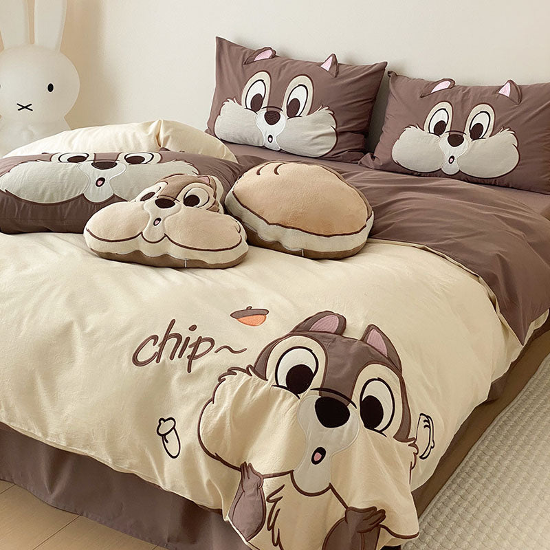 Little Girl Squirrel Cute Cartoon Washed Four-Piece Bed Set