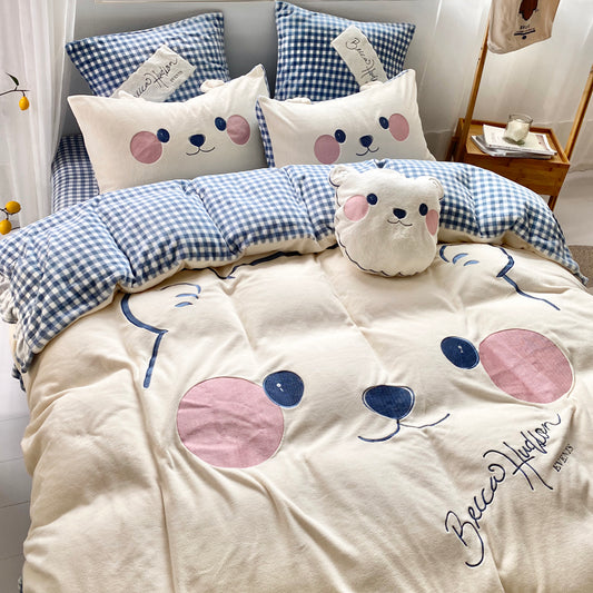 Cartoon Cute Milk Velvet Four-Piece Double-Sided Bed Set