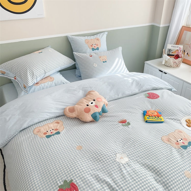 Cute Strawberry Bear Washed Cotton Four-Piece Bed Set - Harmony Gallery