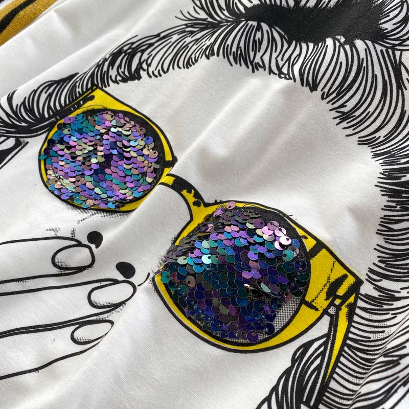 Ghost Horse Girl Character Print Sequined Glasses Summer Top