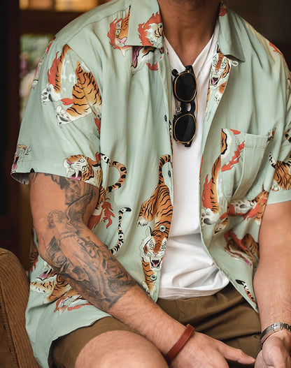 Workwear Retro Tiger Hawaiian Printed Men's Shirt