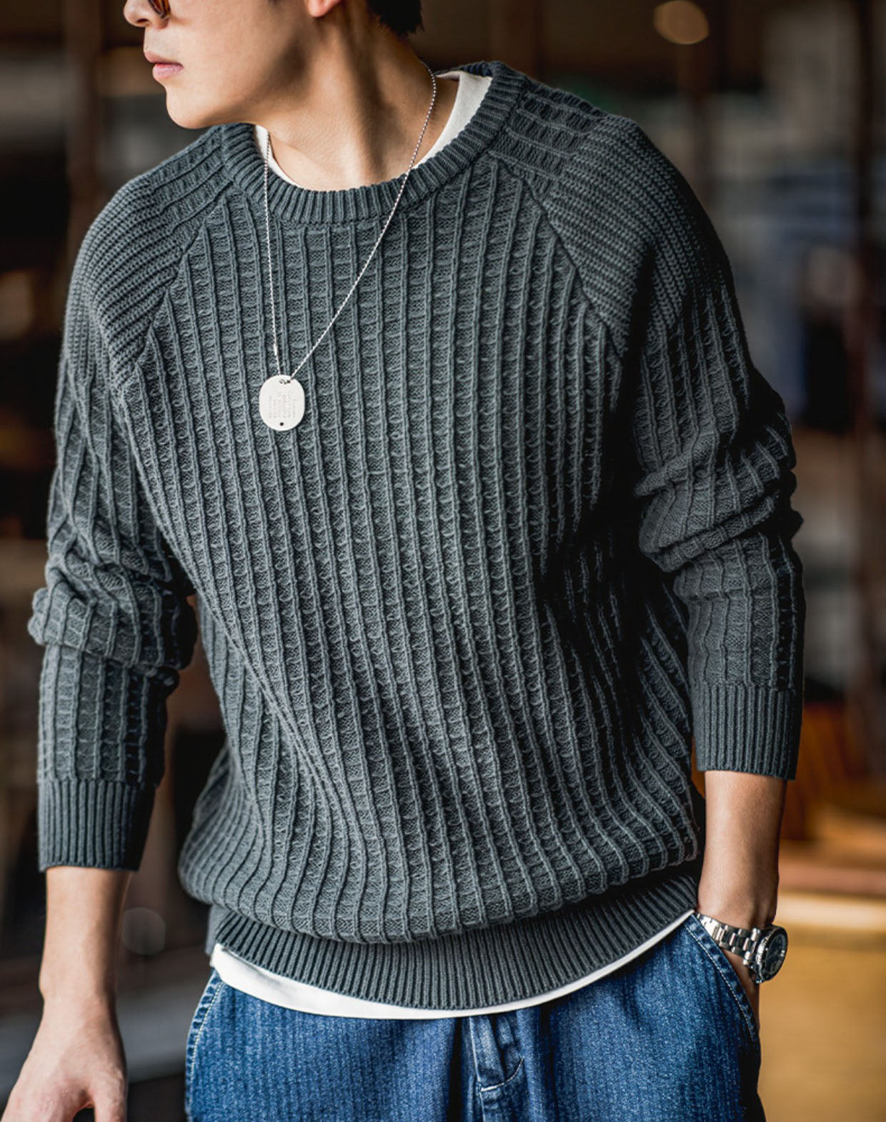 American Casual Waffle Round Neck Warm Pullover Men's Sweater