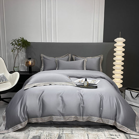 Luxury Simple Ice Silk Embroidery Pure Cotton Four-Piece Bed Set - Harmony Gallery